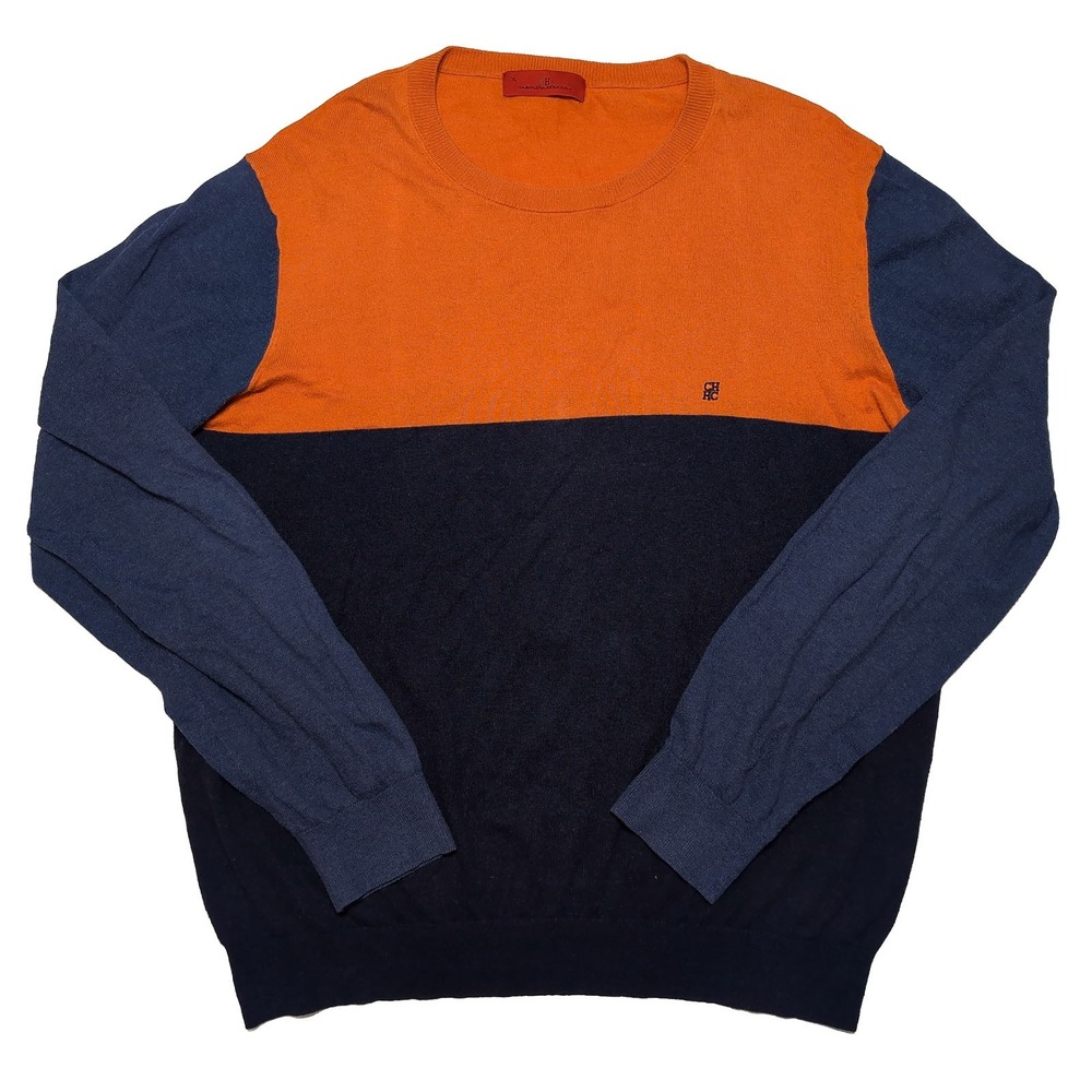 CAROLINA HERRERA Sweater Mens XL Orange Navy Colorblock Cotton Crewneck GOOD
